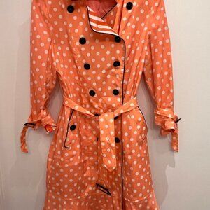 Bcbg coral polkat dot trench jacket 100% silk size 6